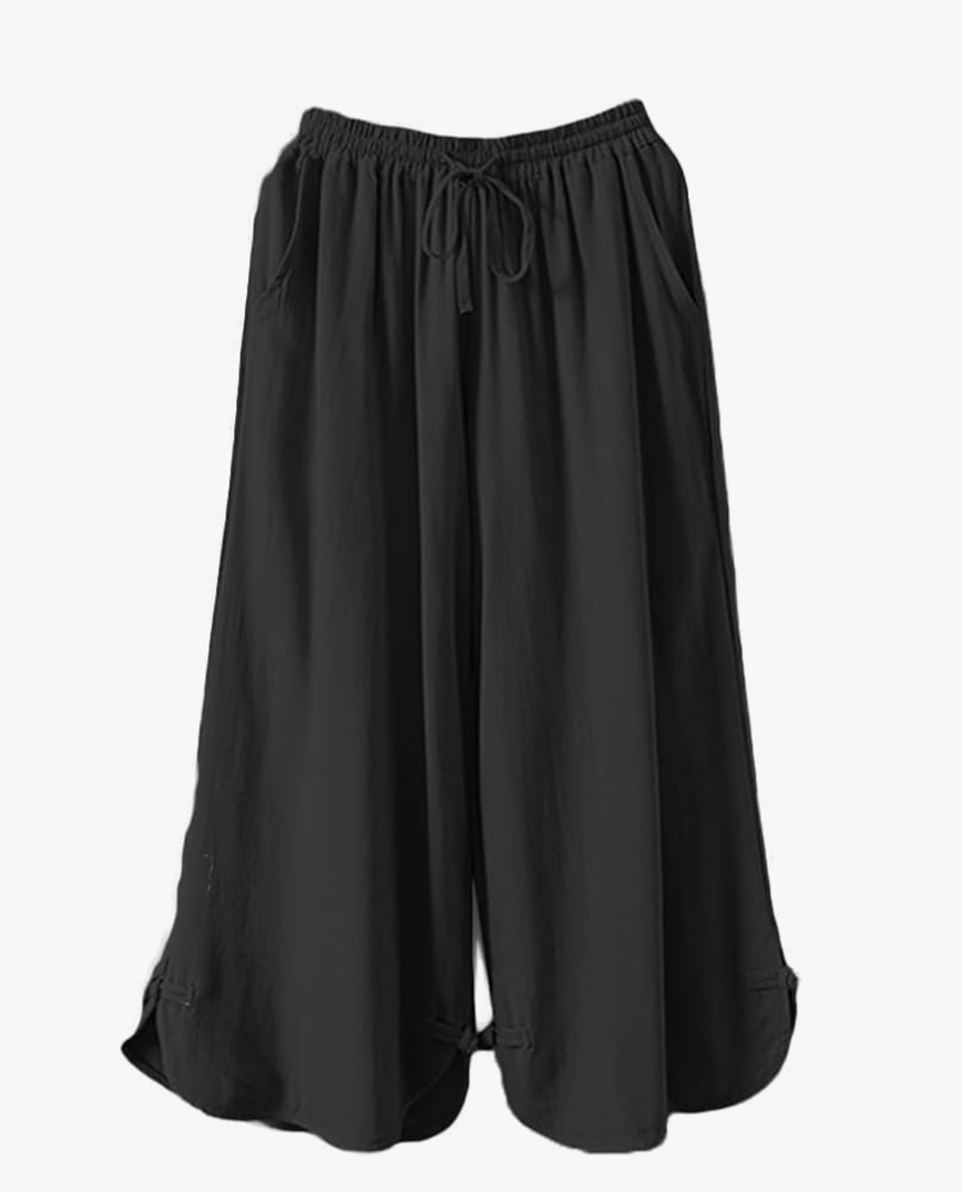 Minibee Women's Linen Pants Drawstring Waist Wide Leg Trousers with Frog Button 2X, Black