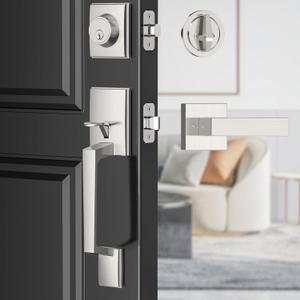 Nickel Modern Door Lock Set - Reversible Left&Right Lever with Satin Exterior Handle