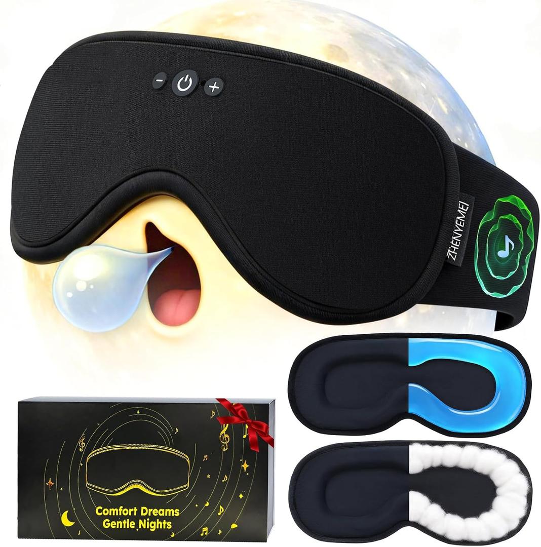 Weighted Bluetooth Sleep Mask with Removable Hot & Cold Gel Insert, 3D Blackout Eye Mask, Adjustable Speaker Placement, Passive Sound Masking, 15H Playback for Sleep, Travel & Relaxation
