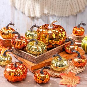 Lenwen 12 Pcs Artificial Disco Pumpkin Glitter Mirror Pumpkin for Decorating Fall Farmhouse Hanging Ornament Harvest Decor for Halloween Thanksgiving Table Centerpiece(Orange, Gold, Dark Gold)