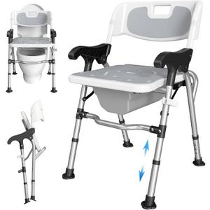 3-in-1 Shower Chair for Seniors, Foldable Bedside Commode, Height Adjustable Raised Toilet Seat with Removable Bucket, Padded Arms & Back Support for Elderly, Adults, 400 lbs Capacity (White)