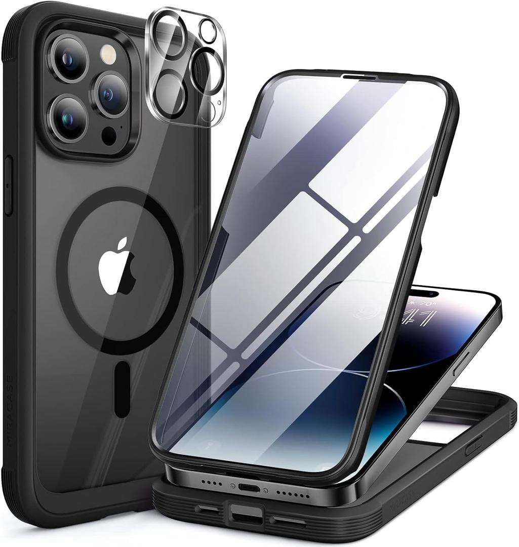 Miracase Magnetic for iPhone 14 Pro Case 6.1 inch, (Compatible with MagSafe) Upgrade Full-Body Clear Phone Bumper Case with Built-in 9H Tempered Glass Screen Protector, Magnetic Matte, Black