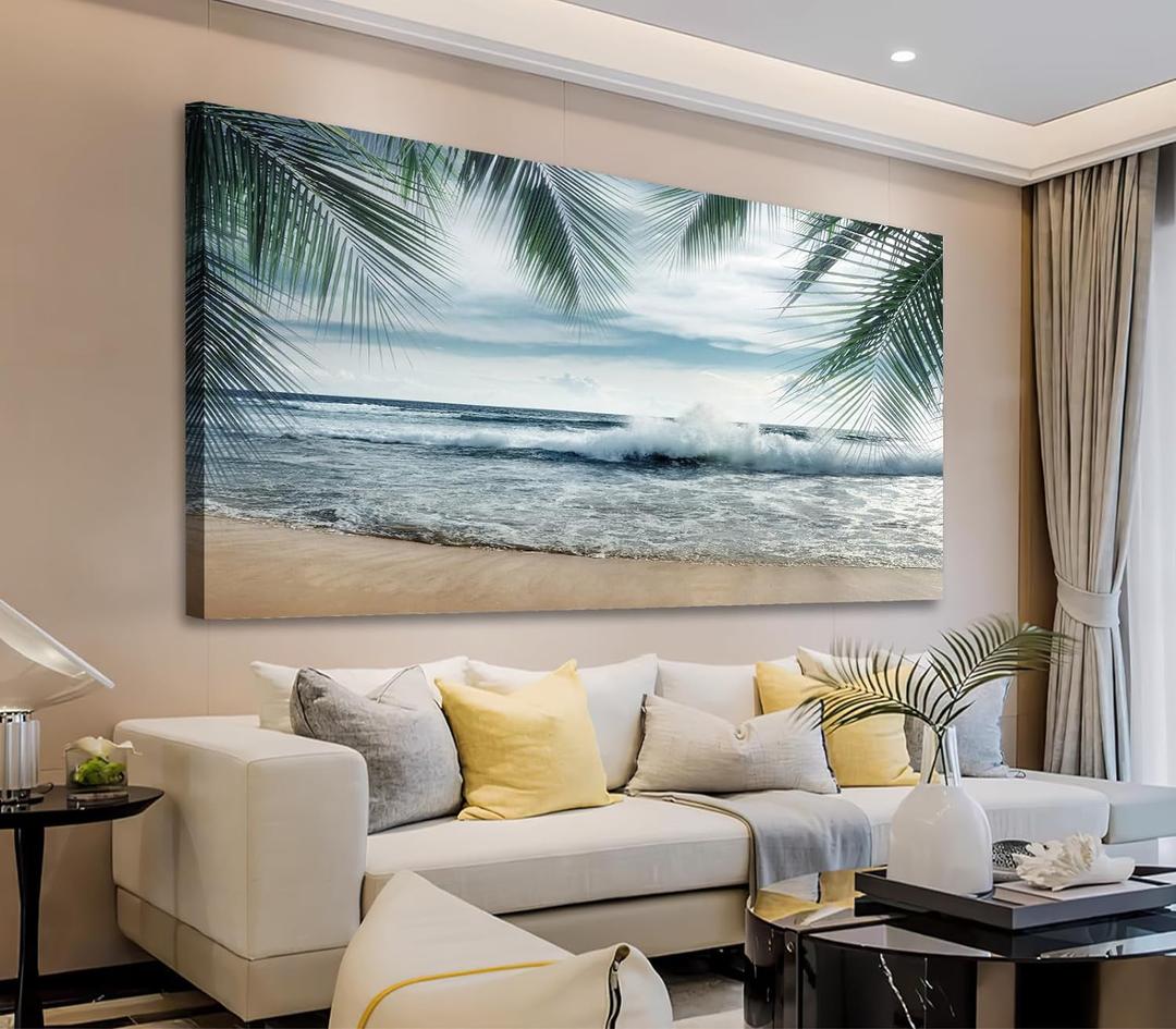 Tropical Beach Canvas Wall Art - Ocean Waves Pictures Coastal Oceanic Blue Sky and Sea Print Seaside Palm Tree Leaves Scene Painting Artwork Living Room Bedroom Office Home Decor 20" x 40"