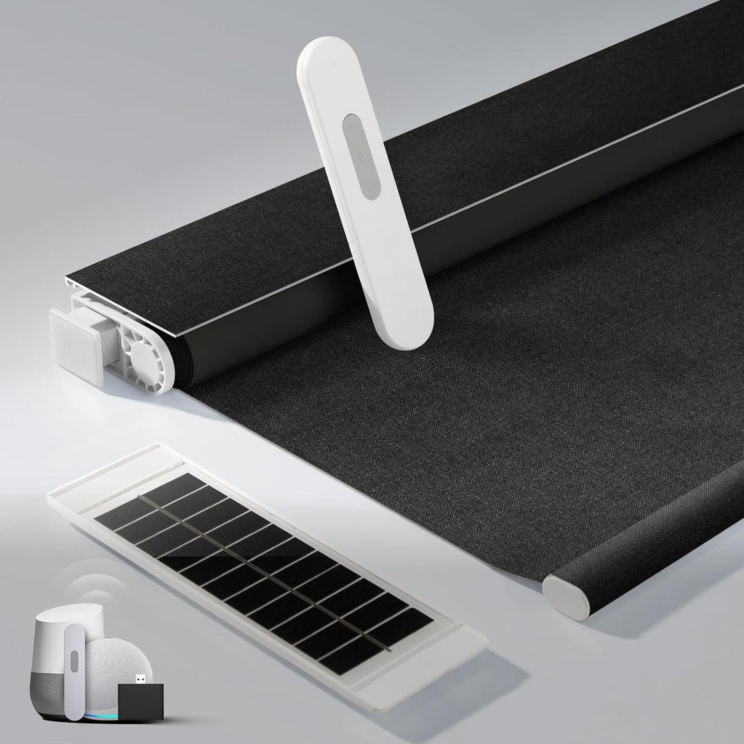 No Drill Motorized Blinds with Remote, Blackout Automatic Blinds with Solar Panel, Cordless Smart Electric Roller Shades for Windows, Black, 46 x 72