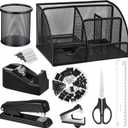 Black Desk Organizer and Accessories, Black Desk Asccessories Office Supply Kit Include Mesh Desktop Organizer Stapler 1000 Staples Tape Dispenser Pen Holder Staple Remover Clips Ruler Scissors