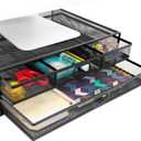 MOUNT-IT! Computer Monitor Stand With Drawers, Metal Mesh Riser and Organizer for Laptops and Computer Screens, Laptop, and Printer Accessories and Office Supplies (Black)