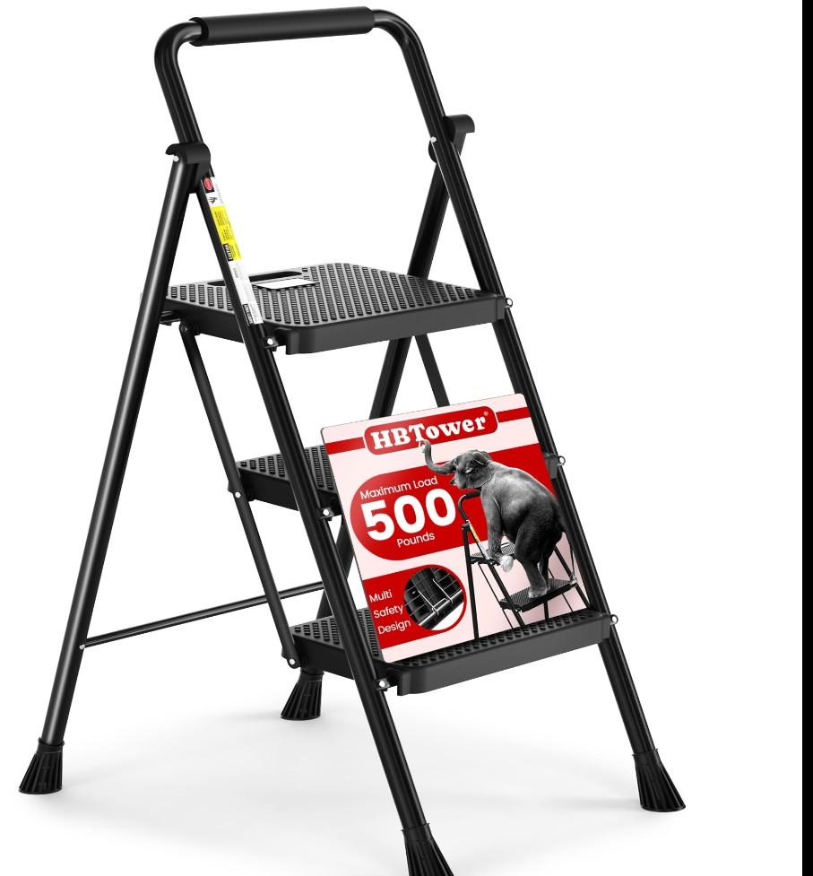 HBTower 3 Step Ladder, Folding Step Stool with Wide Anti-Slip Pedal, 500lbs Sturdy Steel Ladder, Convenient Handgrip, Lightweight, Portable Steel Step Stool, Black