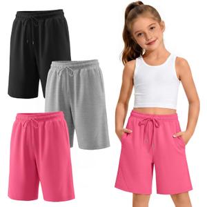 3 Pack Girls' Bermuda Long Shorts 5-14Y | Bermuda Shorts, Athletic, Long Short, Drawstring, Sweatshorts Pocket, for Summer, Casual, for Girls, Kids, Teen, 5-14Y