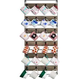 IBUYKE Wall-Mounted Mug Rack Set of 3, 24-Hook Large Coffee Display Organizer for Kitchen, Home, Bar, Coffee Station - Rustic Wood, Greige TBJ005Y-3