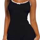 Lacozy Soft Pajamas for Women Summer Sleep Romper U Neck Sleeveless Lace Romper Sexy Pjs Cute Loungewear Sleepwear (Black, M)