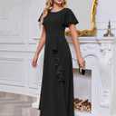 Women's Modest Formal Dresses with Knee Length Side Slit A Line Ruffle Maxi Evening Gowns Short Sleeve for Wedding Guests (Black, M)