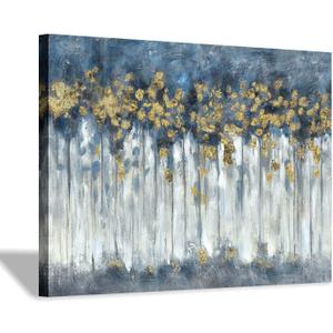 Abstract Birch Trees Picture Painting: Heavy Textured Hand Painted Blue Grey Gold Foils Canvas Artwork Wall Art for Living Room (40 x30'' x 1 Panel) (40L" x 30W", Abstract art)