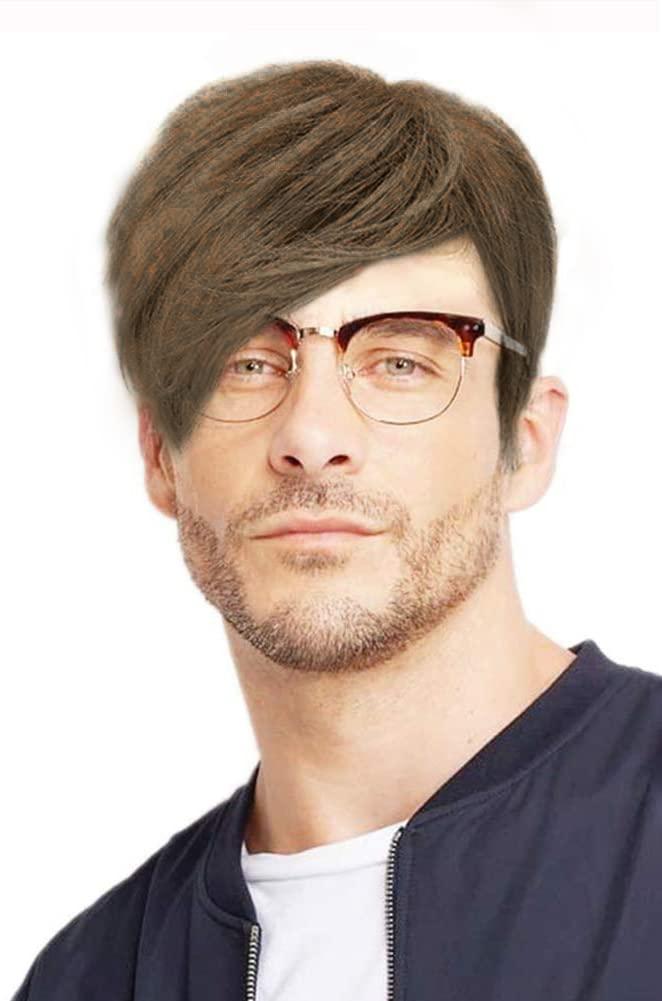 Kaneles Mens Brown Wig Short Straight Layered Synthetic Fiber Hair Party Daily Replacement Wigs for Male Guy