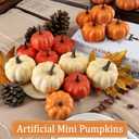 16PCS Artificial Mini Fake Pumpkins Set with Fall LeavesFoam Plastic Carvable DIY Small White Craft Pumpkins Decor for Thanksgiving Halloween Home Fall Porch Table Decor