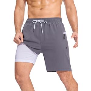 SILKWORLD Men Swim Trunks with Compression Liner 7" Bathing Suits Quick Dry Swimming Shorts with Zipper Pocket (XXL)