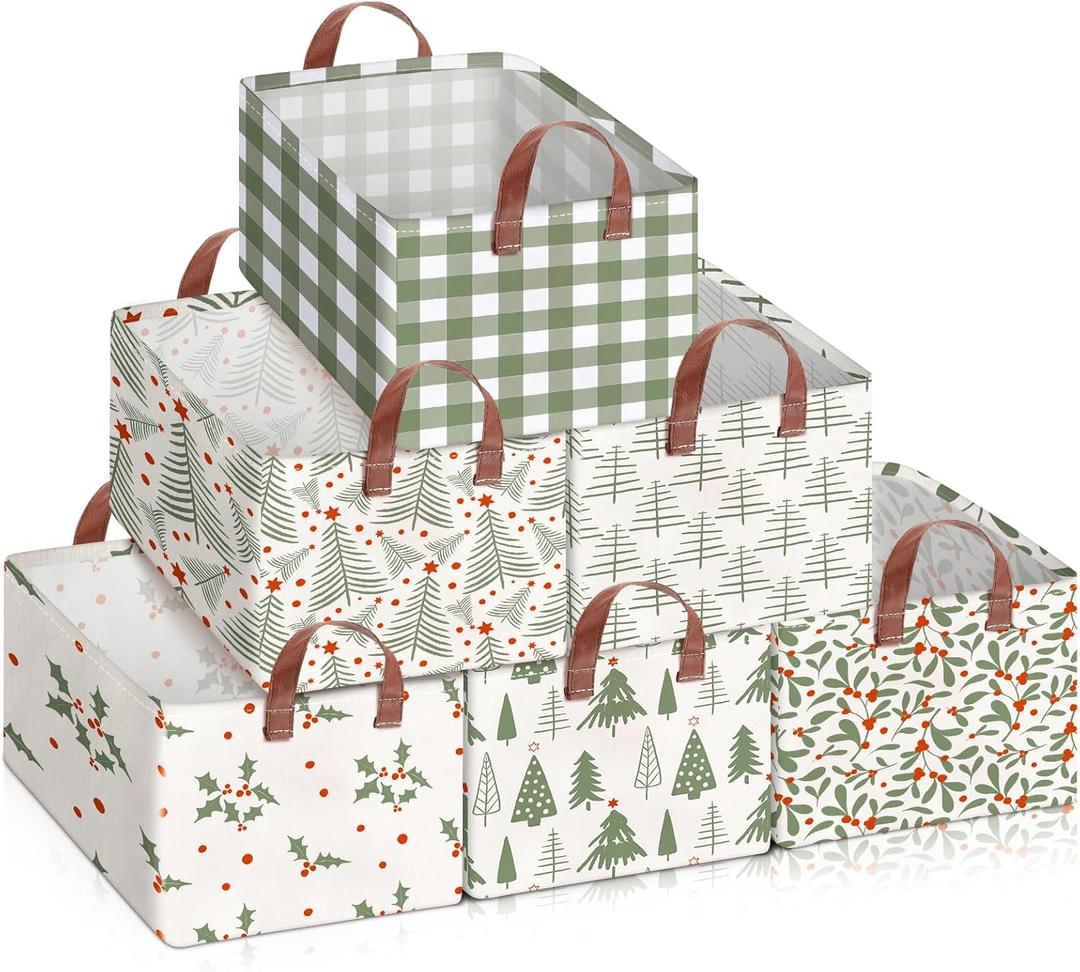 Boao 6 Pack Neutral Christmas Storage Baskets for Gifts Empty Collapsible Large Christmas Storage Gift Bins Canvas Laundry Containers Foldable Box with Handle for Office Home Bedroom Clothes
