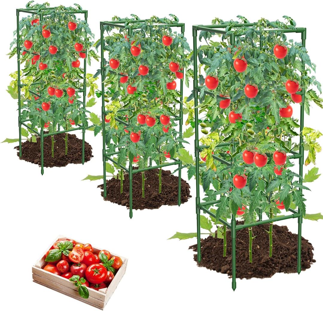 3 Pack Tomato Cages,Square Tomato Plant Stakes Support Cages Trellis for Garden Climbing Vegetables Flowers Fruits,Extra Bold (green)