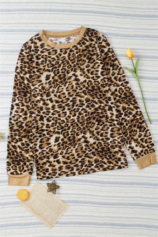 Sulozom Womens Long Sleeve Shirts Crewneck Leopard Printed Tops for Women Casual Dressy Blouses Tee Basic Tops, Size: S