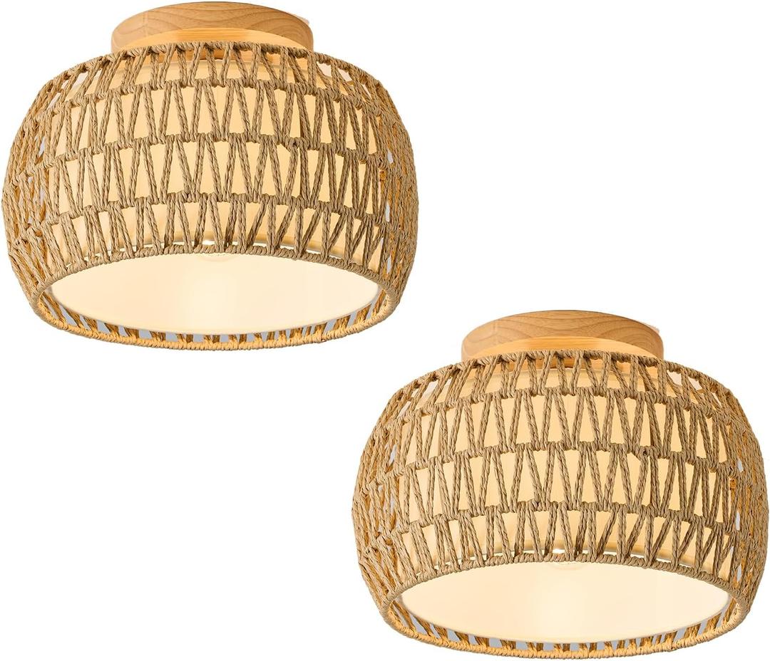 2 Packs Boho Rattan Flush Mount Ceiling Lights 12 Inch Farmhouse Ceiling Light Fixtures Rustic Wicker Hand Woven Rope Cage for Dining Room Kitchen Bedroom Foyer Hallway Entryway