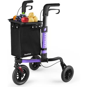 Ambliss Rollator Walkers with Seat for Seniors, 8" Wheels, 300lb. Weight Capacity, All Terrain Lightweight Walkers for Seniors with Backrest, Height Adjustable Foldable Walker (Purple-3Wheel)
