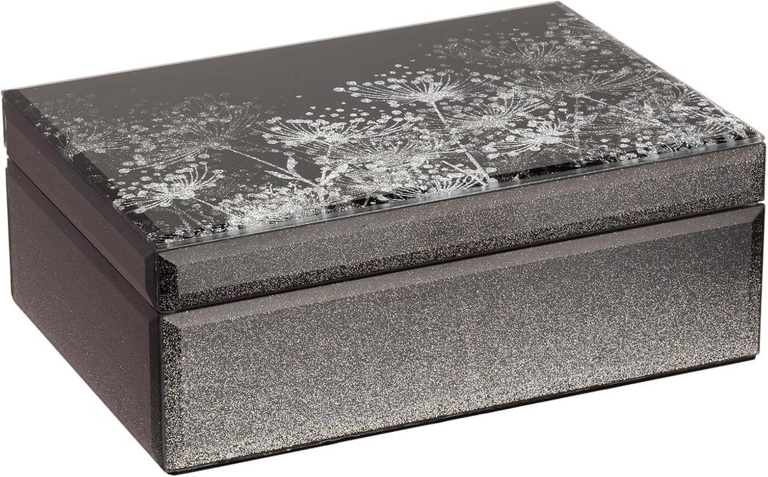 Dandelion Glass Jewelry Box,Velvet Jewelry Organizer with10.1x7.1x3.7 Inches, Jewlry Box for Women Bridesmaid Christmas Teacher Gifts(Black Silver)