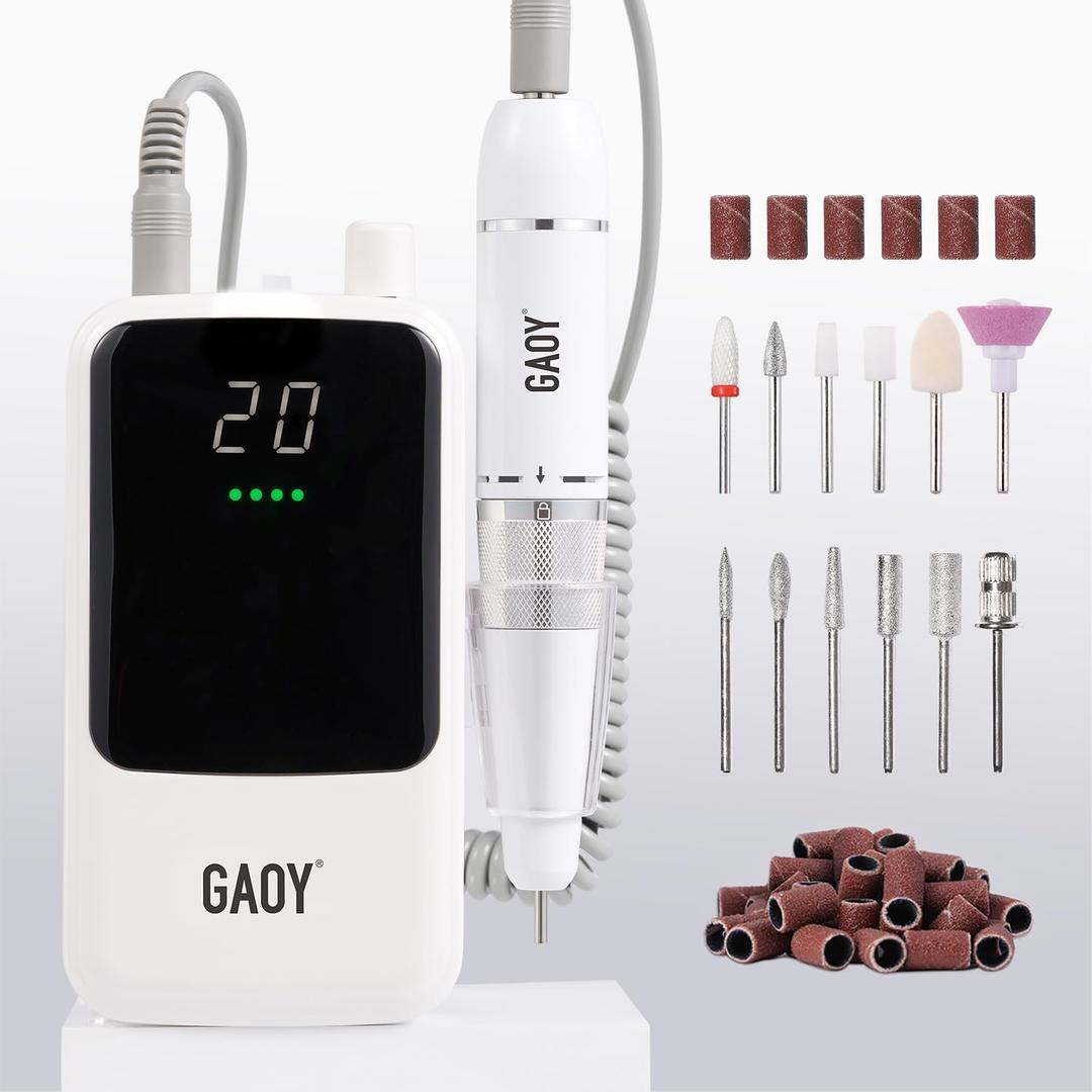 GAOY Rechargeable Cordless Nail Drill for Beginners, Electric Nail File with 12 Drill Bits and Sanding Band Set for Acrylic and Gel, White