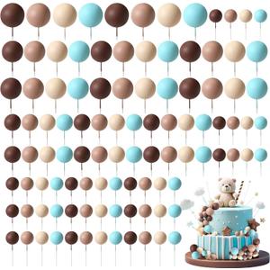 Hotop 168 Pcs Ball Cake Toppers Mini Balloons Foam Balls Cake Topper DIY for Bear Birthday Party Baby Shower Wedding Anniversary Decoration(Blue,Brown,Beige)