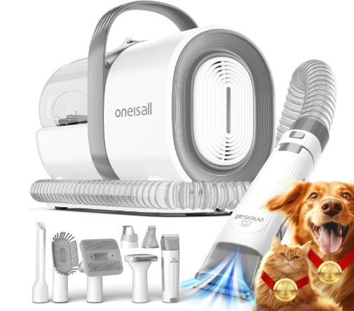 Oneisall Dog Grooming Vacuum, Pet Grooming Vacuum with Clipper Nail Grinder, 1.5L Dust Cup Dog Deshedding Brush with 7 Tools for Shedding Pet Hair, Home Cleaning(Gray)