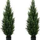 4FT Artificial Topiary Tree Beautiful Realistic Faux Cedar Pines Christmas Trees UV Rated Fake Shrubs for Front Porch Faux Plants Indoor and Outdoor Decor (2 Pack)