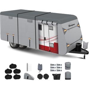 RV Cover for 16-18 ft Travel Trailers, 7 Layers Heavy Duty Camper Cover, Weatherproof & UV Resistant Motorhome Trailer Cover with Gutter & Tongue Jack Covers