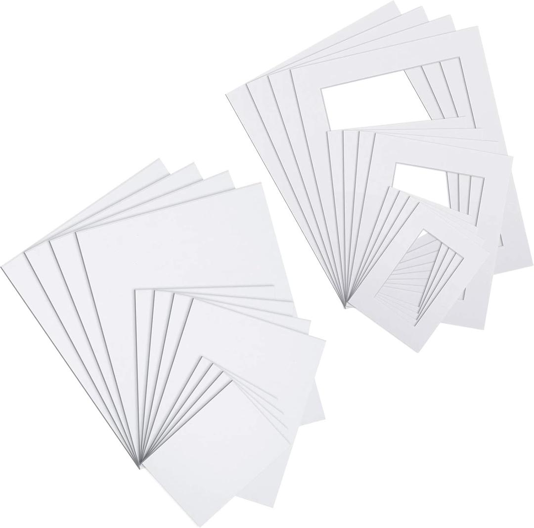 White Picture Mat Kit, Includes Anti Acid Pre Cut Display Photo Frame Mat and Core Bevel Cutting Mat Board for Photo Picture Artwork, 5 x 7, 8 x 10, 11 x 14 Inch (12 Sets)