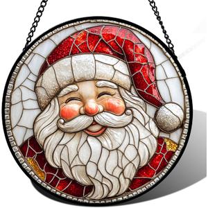 HWRHTR Stained Glass Window Hanging - Red White Santa Claus Suncatcher for Doors Home Christmas Decoration Winter Sun Catcher Thanksgiving New Year Birthday Gifts for Women Men Mom Nana Girl 6.3 in