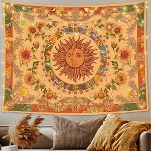Accnicc Yellow Sun and Moon Tapestry Vintage Indie Boho Tapestry Wall Hanging with Sunflowers Butterfly Moth Constellation Aesthetic Wall Tapestries for Bedroom Dorm Living Room (Orange, 60'' x 80'')