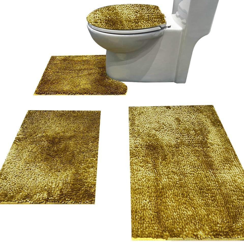 Madeals Chenille Bath Rug Sets 4 Piece with Toilet Lid Cover and Rug Set Combo, Soft Shaggy Bath Rug Set 3 Piece and U-Shaped Toilet Floor Rug Golden