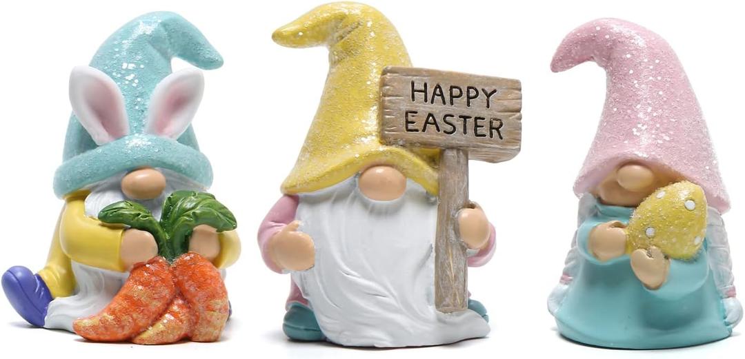 Hodao Set of 3 Easter Gnomes Decor - Resin Bunny Handmade Spring Elf Gifts for Kids/Women/Men, Decorations for The Home Party (Multicolor)