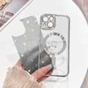 NITITOP Compatible with iPhone 14 Case Cute Clear Glitter [Compatible for MagSafe] Sparkle Bling Magnetic Plating Heart Girl Women Electroplated Frame Camera Protection Back Cover - Silver