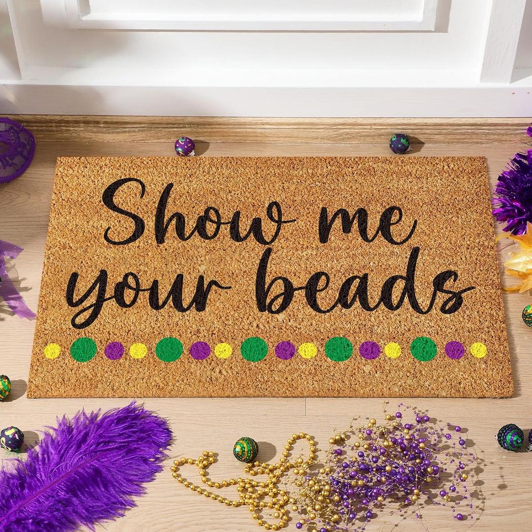 Duraaamo Mardi Gras Coir Doormat Show Me Your Beads Welcome Door Mat Outdoor Mardi Gras Non Slip Floor Mats Carnival Indoor Entrance Door Mat Porch Front Decor, 28 x 16 Inch