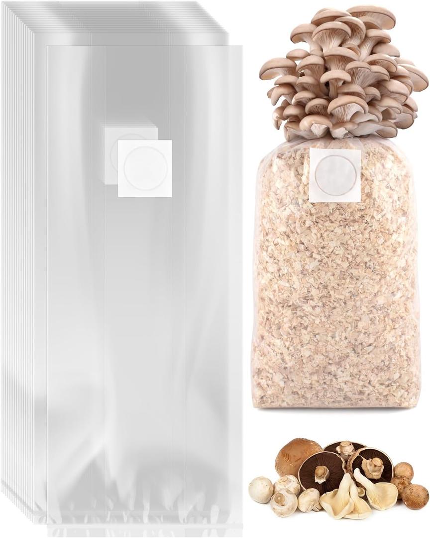 60 Pack Mushroom Grow Bags with Microporous Filter Patchs, 8"x5"x20" Large Extra Thick 3 Mil Mushroom Cultivation Spawn Bag Bulk, Durable Autoclavable Bags for Substrates Strong Tear Resistant