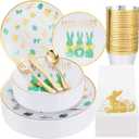 Hioasis 175pcs Easter Plastic Plates, Bunny Plastic Disposable Dinnerware Set Include 25 Dinner Plates, 25 Dessert Plates, 25 Forks, 25 Knives, 25 Spoons, 25 Napkins，25 Cups Perfect for Easter Party