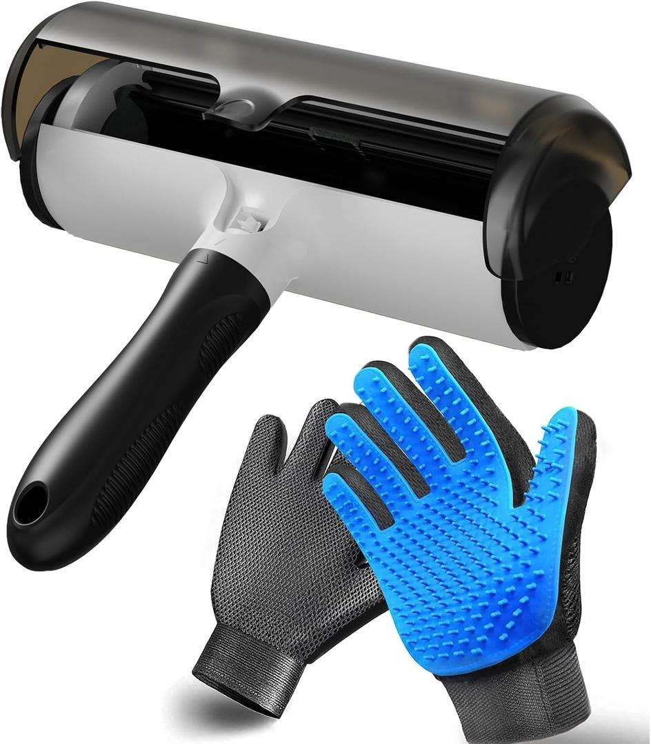 Pet Hair Remover & Pet Grooming Gloves Set - Deshedding Brush for Cats/Dogs, Reusable Lint Roller Brush for Cats,Dogs - Furniture, Car, Couch, Clothes and Bedding (Hair removal roller + gloves)