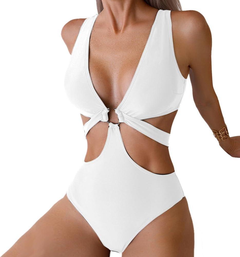 Women's Deep V Neck One Piece Swimsuit O-Ring Swimwear Sexy Cut Out Bathing Suit (White, M)