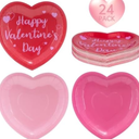 Pack of 2 24 Pcs Happy Valentine's Day Plates - Red Pink Heart Shaped Paper Plates, Disposable Love Heart Dinner Dessert Plate Tableware for Valentines Day Anniversary Wedding Party Supplies, 7.5 x 7.5 Inch