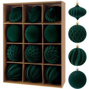 12Pcs Velvet Christmas Tree Balls Ornaments Plastic Flocked Shatterproof Handmade Hanging Decoration Plush Balls Assortment Sets for Christmas Decoration (Dark Green, 3.15in)