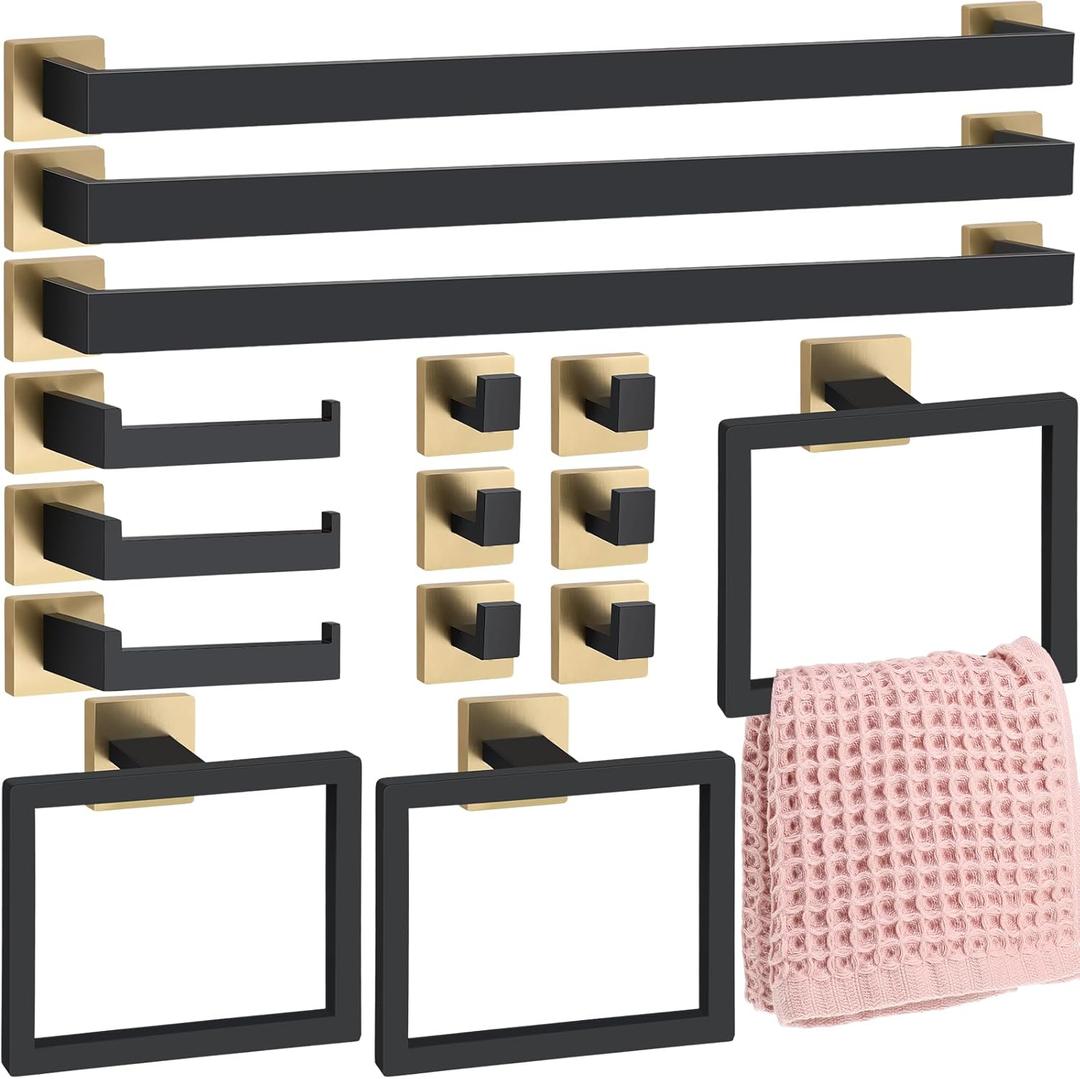 Gisafai 15 Pcs Black Gold Bathroom Hardware Accessories Set 23.6 Inch Bath Towel Bar Kit Stainless Steel Bathroom Hardware Set Towel Racks Ring Robe Hooks Paper Holder for Wall Mounted