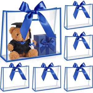 Aliceset 12 Pcs Clear Plastic Gift Bags with Die Cut Handles Reusable Party Favor Bags with Ribbon for Mother's Day Wedding Graduation Bridal Shower Baby Shower, 12 x 10 x 5''(Royal Blue)