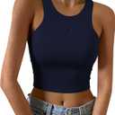 LouKeith Womens Cropped Tank Tops Racerback High Neck Ribbed Cotton Fitted Sleeveless Crop Tank Basic Top (Medium, Navy Blue)