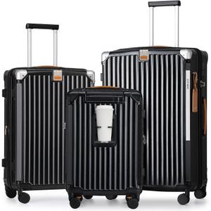 Joyway 3 Piece Set Hardside Expandable Luggage with USB Charging Port and Cup Holder, TSA Lock Spinner Wheels Suitcase for International Travel, Lightweight Carry On Checked Baggage, Black