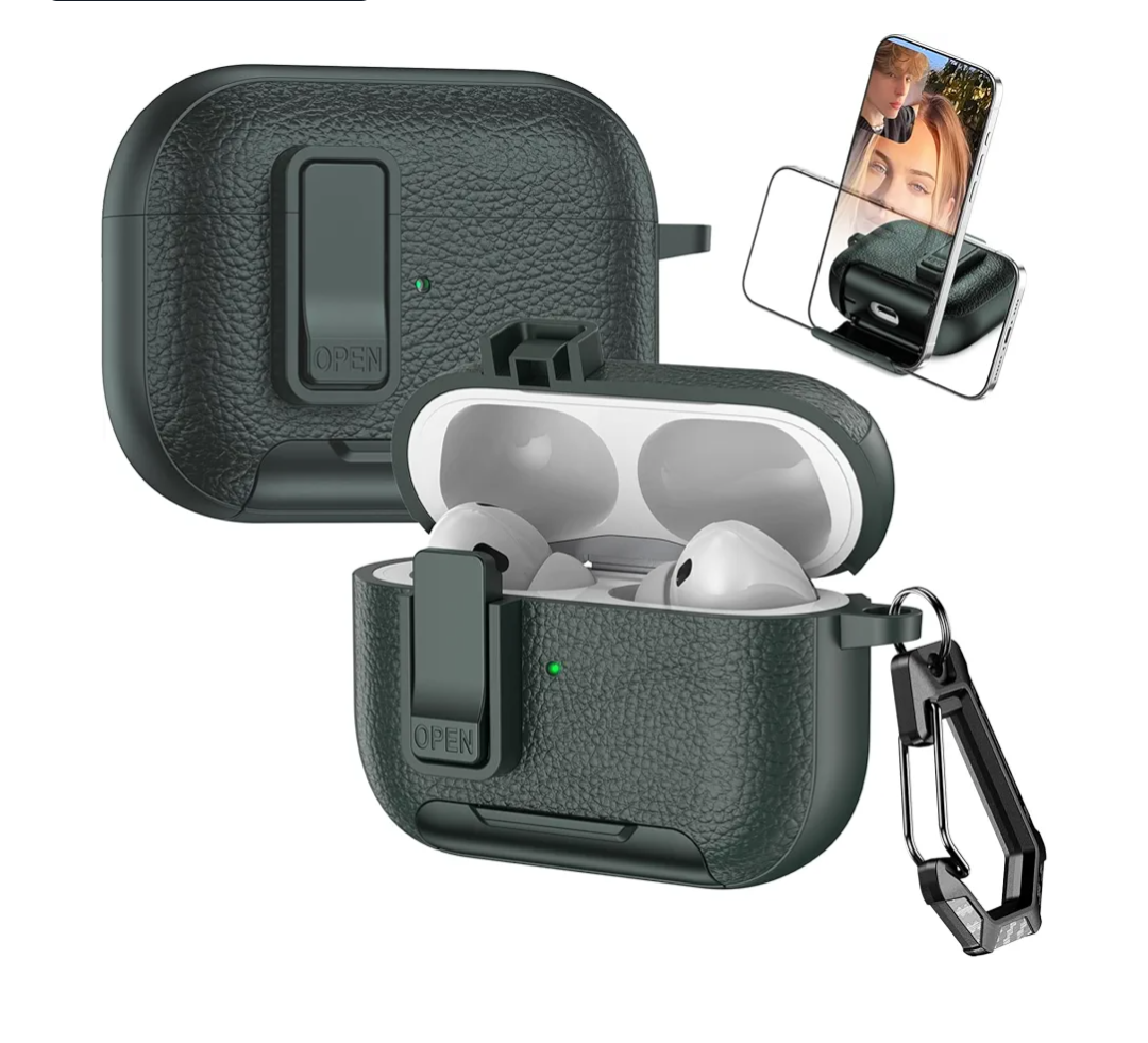 for AirPods Pro 3 Generation 2025 Case with Carabiner & Kickstand, Support Wireless Charging Lock Clip PU Leather Case Rugged Shockproof Protection Cover for AirPod Pro 3 - PWJ Green