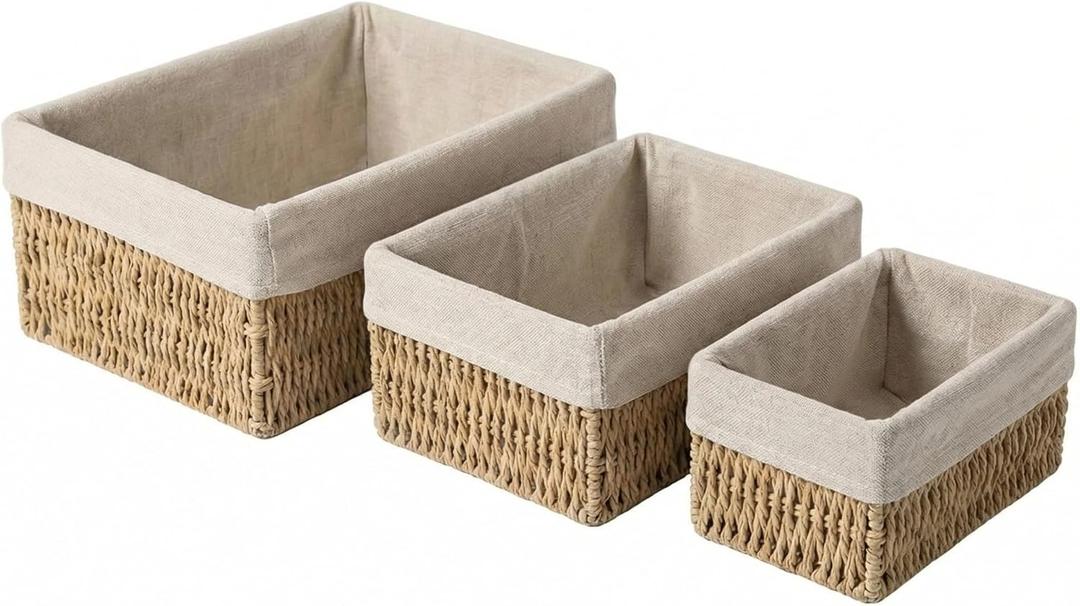 Wicker Baskets Set of 3 with Removable Linen Liner, Wicker Storage Baskets for Shelves  Woven Nesting Organizer Bins for Pantry, Bathroom, Closet & Dresser (Small)