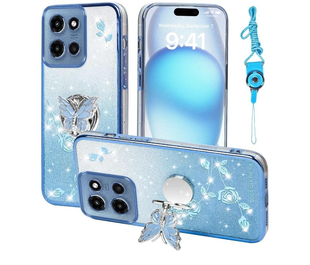 for Motorola Moto G 5G 2025 Phone Case,for Mobile Phone Case for G Play 4G 2025 Women and Girl, Glitter Butterfly Floral TPU Protective Cover with Kickstand+Strap for Moto G 5G 2025 (Blue)
